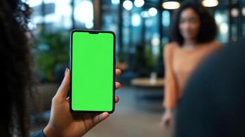 Woman holding smartphone with green screen in modern office building lobby photo