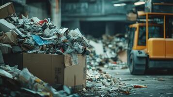 Forklift working near overflowing cardboard box in waste processing plant photo
