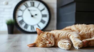 Ginger cat sleeping peacefully on floor with clock in background photo