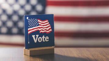 Vote reminder on desk with american flag background symbolizing patriotism and democracy photo