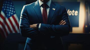 Politician crossing arms in front of united states flag and vote sign photo