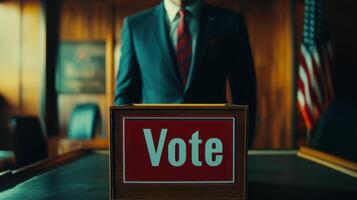 Politician standing behind vote box in government office photo