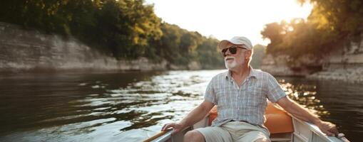 Senior man enjoying rowing on scenic river at sunset photo