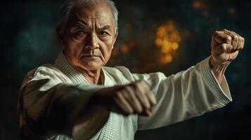 Senior karate master performing a martial arts kata in dark gym photo