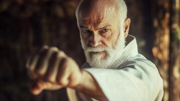 Senior karate master performing a powerful punch during training photo