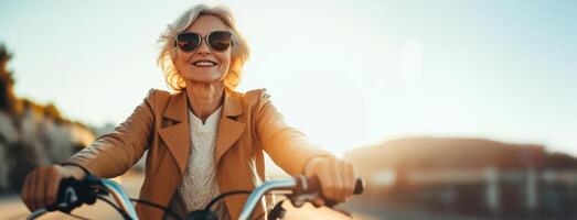 Senior woman riding bicycle and enjoying sunset. freedom and active lifestyle photo