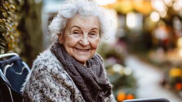 Happy elderly woman smiling in wheelchair in garden setting photo