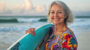 Senior woman surfer smiling and holding surfboard at beach photo