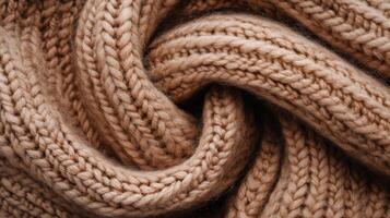 Beige knitted wool fabric texture forming a swirl pattern background photo