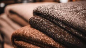 Stack of folded cozy warm winter tweed fabric showing texture photo