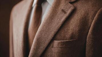Close-up of elegant brown tweed suit with herringbone pattern photo
