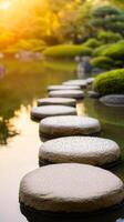 Dew covered stepping stones in tranquil Japanese garden at sunset photo
