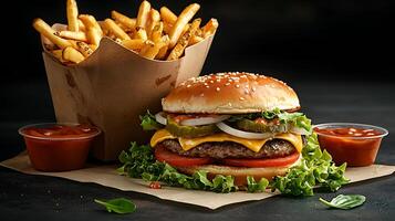High sodium meals. Juicy cheeseburger with lettuce, tomato, and pickles, served with crispy fries and dipping sauces, creating mouthwatering fast food experience photo