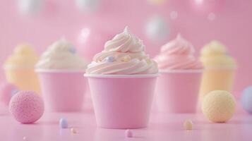High sodium meals. Delicious pastel colored ice cream swirls in cups with soft, dreamy background photo