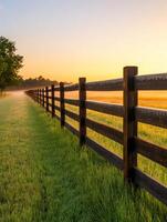 Dew covered fence posts along foggy countryside trail at sunrise photo