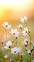 Dew covered wildflowers bloom in misty countryside at sunrise photo
