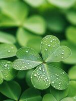 Close up of dewdrops on clover leaf, showcasing nature beauty photo