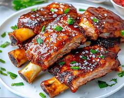 High sodium meals. Juicy BBQ pork ribs with caramelized sauce and fresh herbs on white plate. ribs are garnished with green onions and sprinkle of salt, creating mouthwatering presentation photo