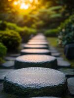 Dew covered stepping stones in tranquil Japanese garden at sunset photo