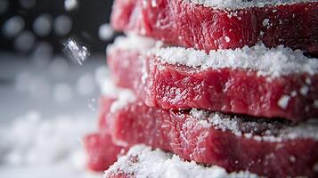 Close up of salt crusted steak with dripping juices, showcasing raw meat texture and seasoning photo
