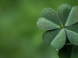 Close up of dewdrops on clover leaf, showcasing nature beauty photo