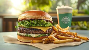 High sodium meals. Juicy burger with cheese, lettuce, and fries on table, accompanied by drink. setting is bright and inviting, perfect for delicious meal photo