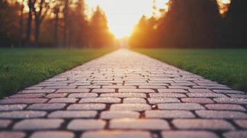 Dew covered cobblestones in quiet park path at dawn, evoking tranquility photo