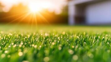 Fresh morning dew on green grass illuminated by sunlight photo