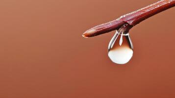 Close up of crystalline dew drop hanging from twig, reflecting light photo