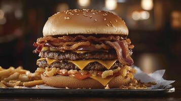 High sodium meals. giant, greasy burger with layers of bacon, cheese, and beef patties, served with crispy fries, creates mouthwatering and indulgent meal photo