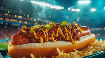 High sodium meals. loaded hot dog topped with chili, cheese, and jalapeno is served at stadium, creating mouthwatering and vibrant scene under bright lights photo