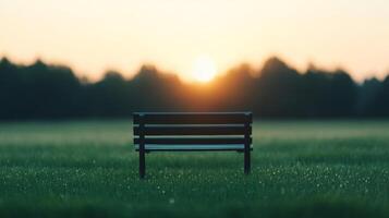 serene bench in meadow with dewy grass and golden sunrise light photo