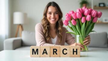 Wooden calendar with date MARCH 8 against background of young woman with bouquet of tulips. photo