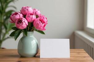 Elegant pink peonies in vase with blank card on wooden table for custom messages photo