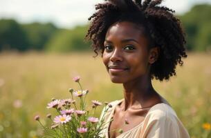 Portrait of a woman smiling with wildflowers in a sunny meadow. Women's Day photo