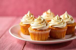 Delicious vanilla cupcakes with creamy frosting and sprinkles on pink background photo