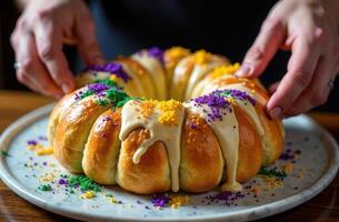 Delicious mardi gras king cake with festive icing and colorful sprinkles photo