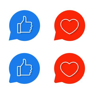 Like and love outline on speech bubble icon with shadow. Thumb up and heart sign symbol