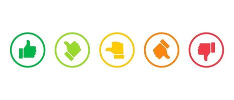 Rating and feedback scale symbol on circle outline. Excellent, good, average, poor, and bad thumb color sign symbol vector