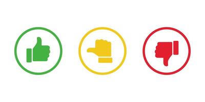 Like, neutral, and dislike hand icon on circle outline. Thumb up, middle, and down color sign symbol vector