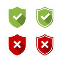 Shield check and cross mark icon with long shadow. Defense, protection with checkmark and x sign symbol vector
