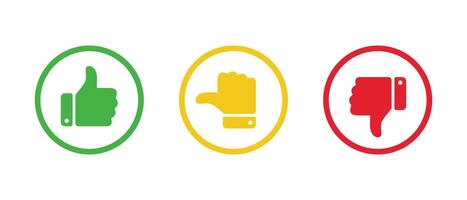 Like, neutral, and dislike thumb icon on circle line. Thumb up, middle, and down sign symbol vector