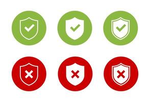 Shield check and cross mark icon on circle background. Security defense sign symbol vector