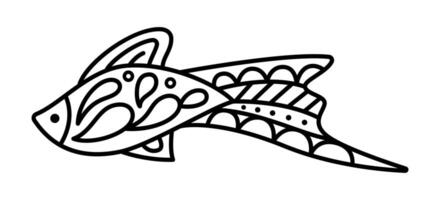 Hand drawn linear fancy fish isolated on white background. Bold coloring page for kids vector
