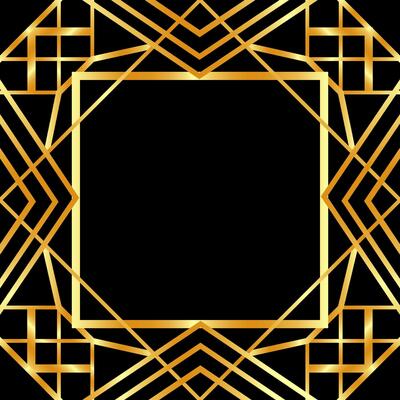 Golden decorative linear empty frame. Art Deco square line art border for social media, post card, banner on black