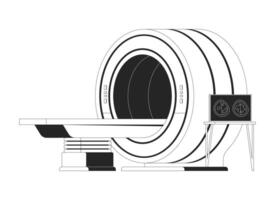 MRI machine with patient table black and white 2D line object. Diagram brain scan. Medical technology. Diagnostic scanner isolated clip art outline item. Monochromatic spot illustration vector