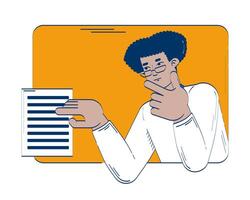 Business casual latino man in glasses analyzing document in frame 2D doodle character. Hispanic employee editor proof reading cartoon person drawing isolated on white. Hand drawn illustration vector