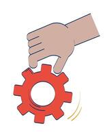 Hand holding gear with motion lines doodle cartoon illustration. Problem solving. Engineering cog cogwheel. Mechanism 2D drawing isolated on white background. Editable hand-drawn clipart vector