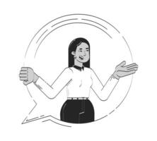Smiling middle eastern corporate woman gesturing in speech bubble doodle linear character. Friendly employee communication 2D outline person isolated. Hand drawn drawing illustration monochrome vector