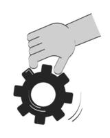 Hand holding gear with motion lines doodle outline illustration. Problem solving. Engineering cog cogwheel. Mechanism 2D drawing sketch isolated on white. Monochrome clip-art handdrawn vector